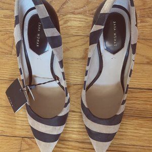 NWT Zara Woman Striped Tan and Black Suede Pumps